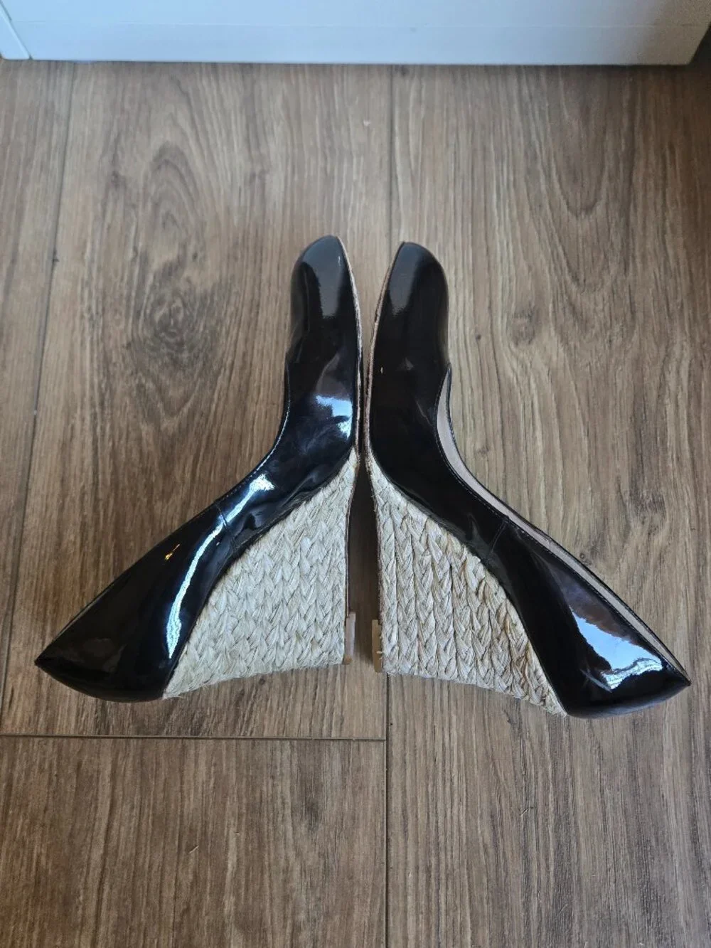 L.K. Bennett Maddox black patent leather espadrille wedge heels